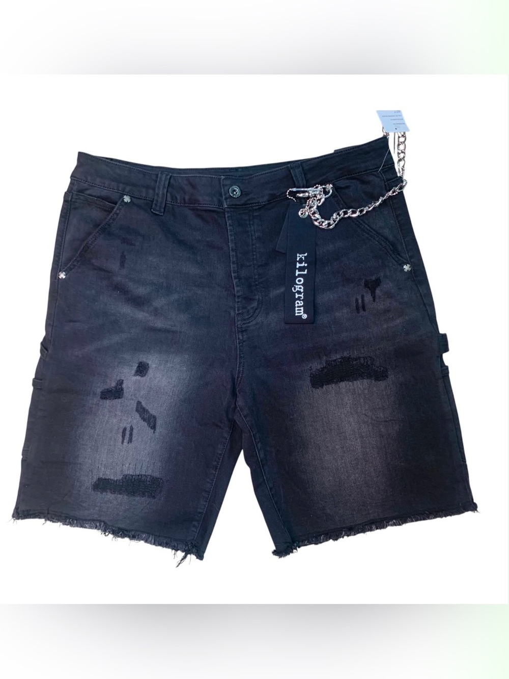 Sz 34 Distressed Black Men's Denim Shorts with Chain